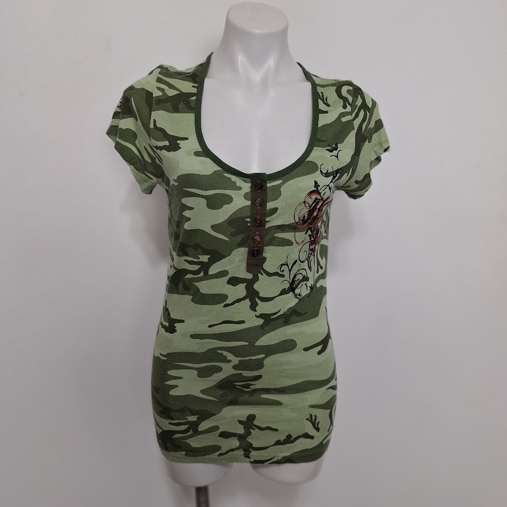 Harley-Davidson Green Logo Grunge Moto Scoop Neck Camouflage T-Shirt Size M